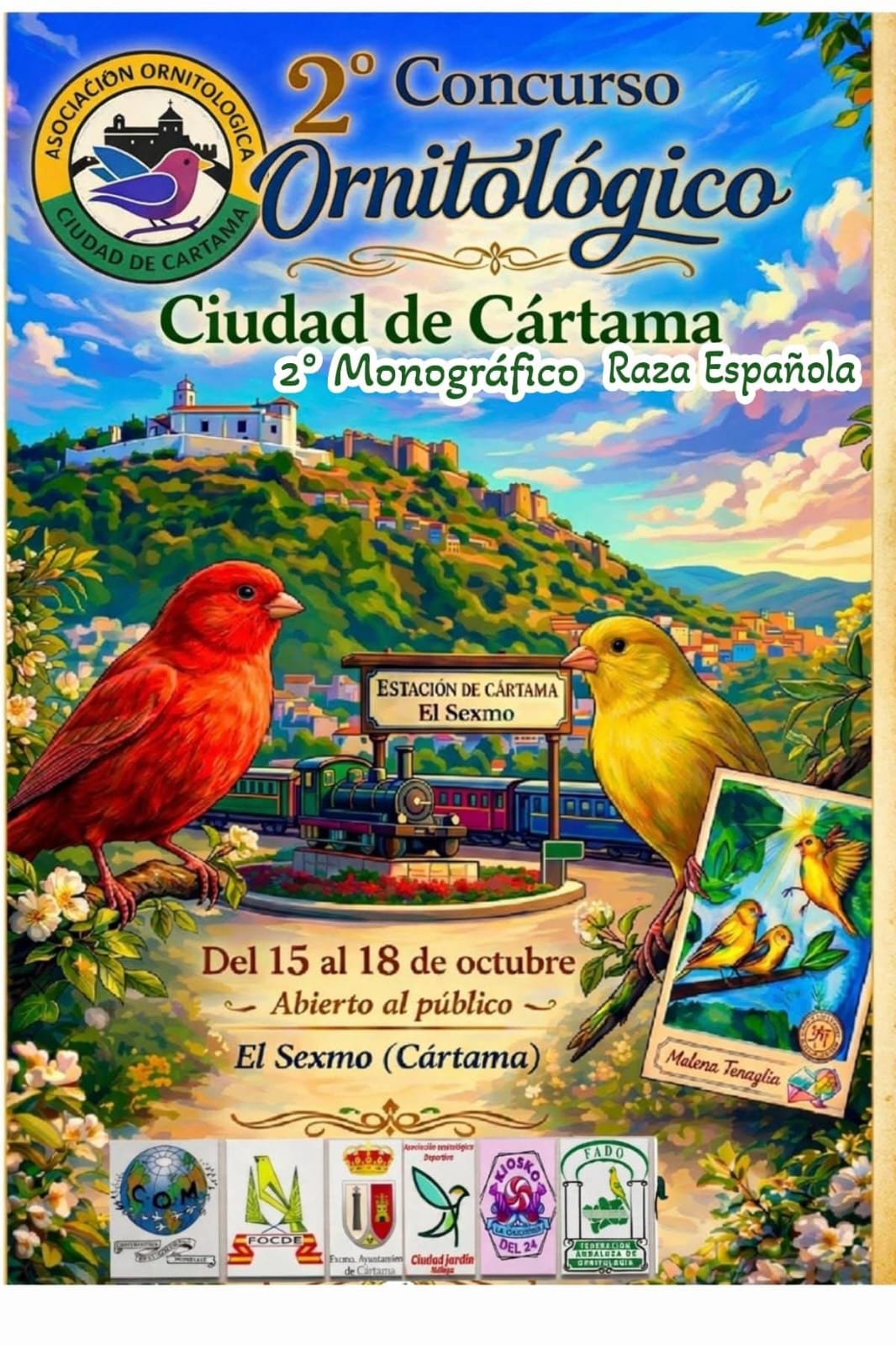 Cartel del 2º Concurso Ornitológico Ciudad de Cártama, del 15 al 18 de octubre en El Sexmo, Cártama (Málaga)