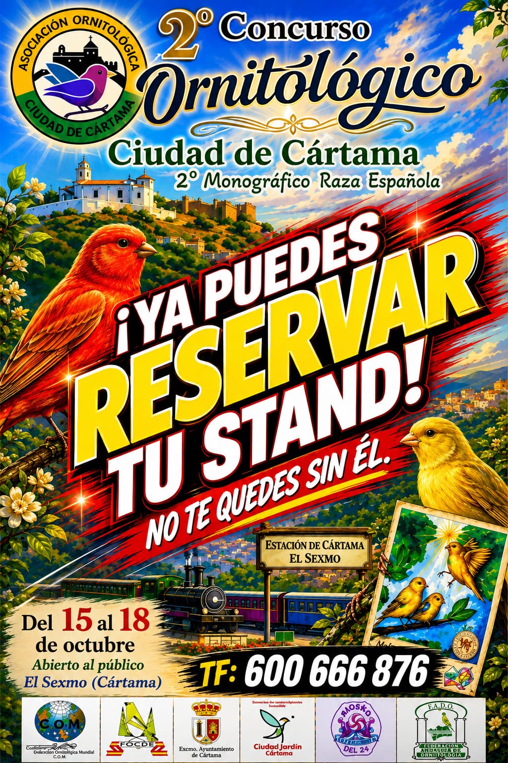 Cartel de reserva de stands para el 2º Concurso Ornitológico Ciudad de Cártama, Málaga
