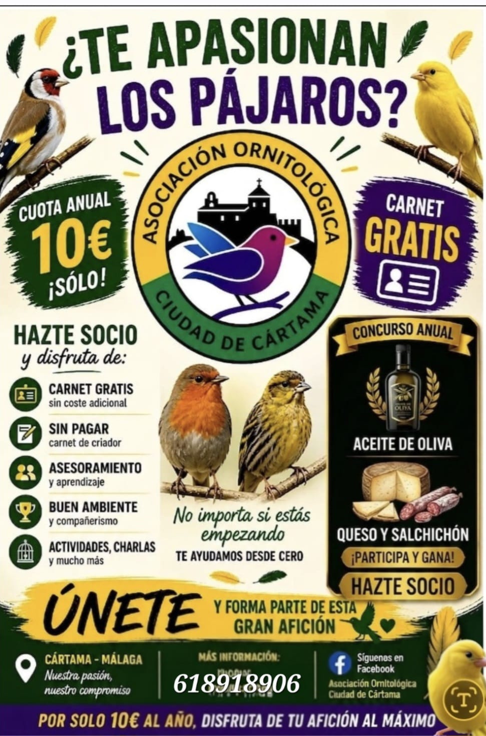 Cartel para hacerse socio de la Asociación Ornitológica Ciudad de Cártama por 10 euros al año